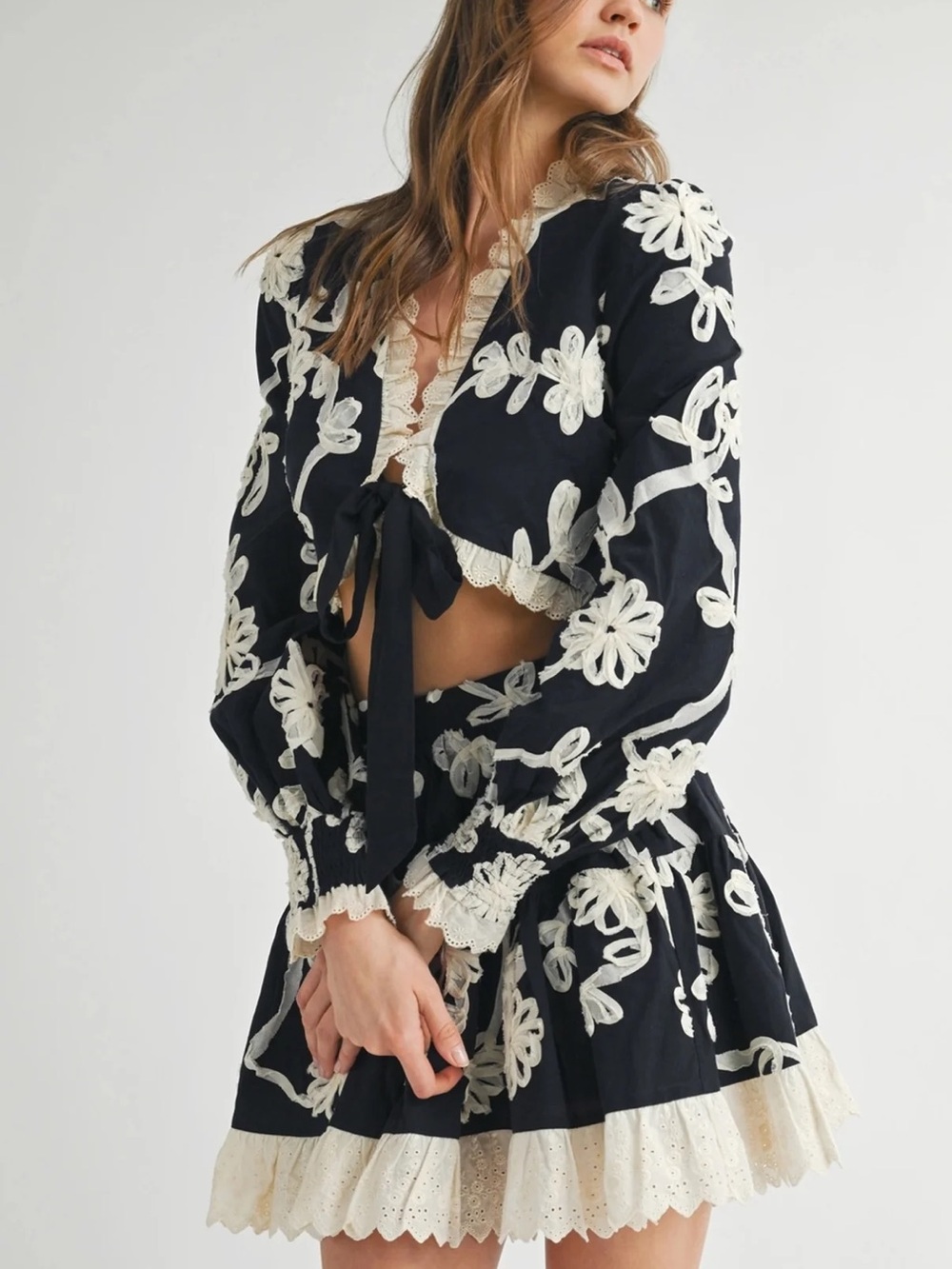 Noir Blossom Black Floral Lace Two-Piece Skirt Set